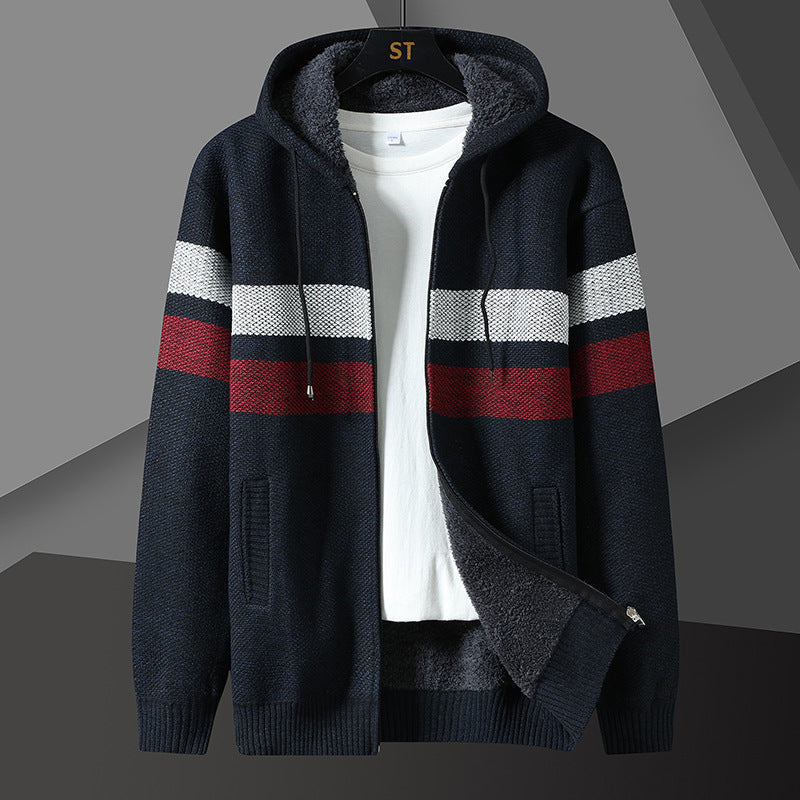 Men's teddy lined hooded zip cardigan, side view