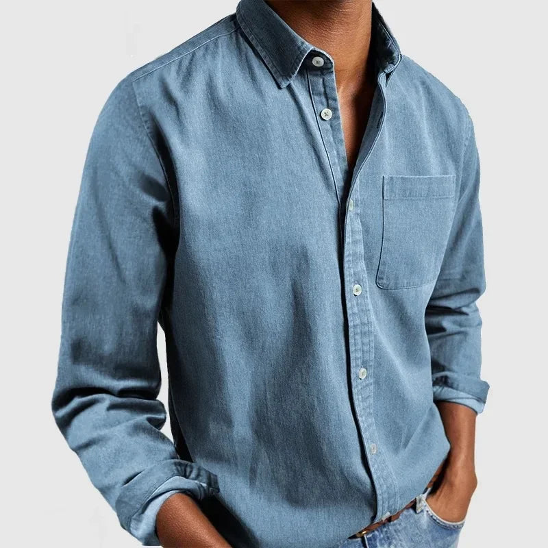 Men's everyday comfort button up shirt, back view