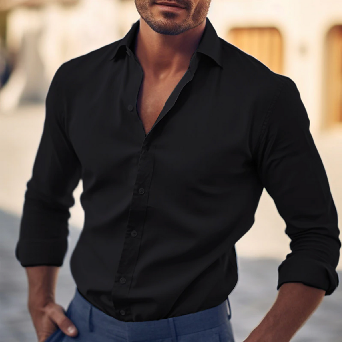 Men's everyday essential button up shirt, back view