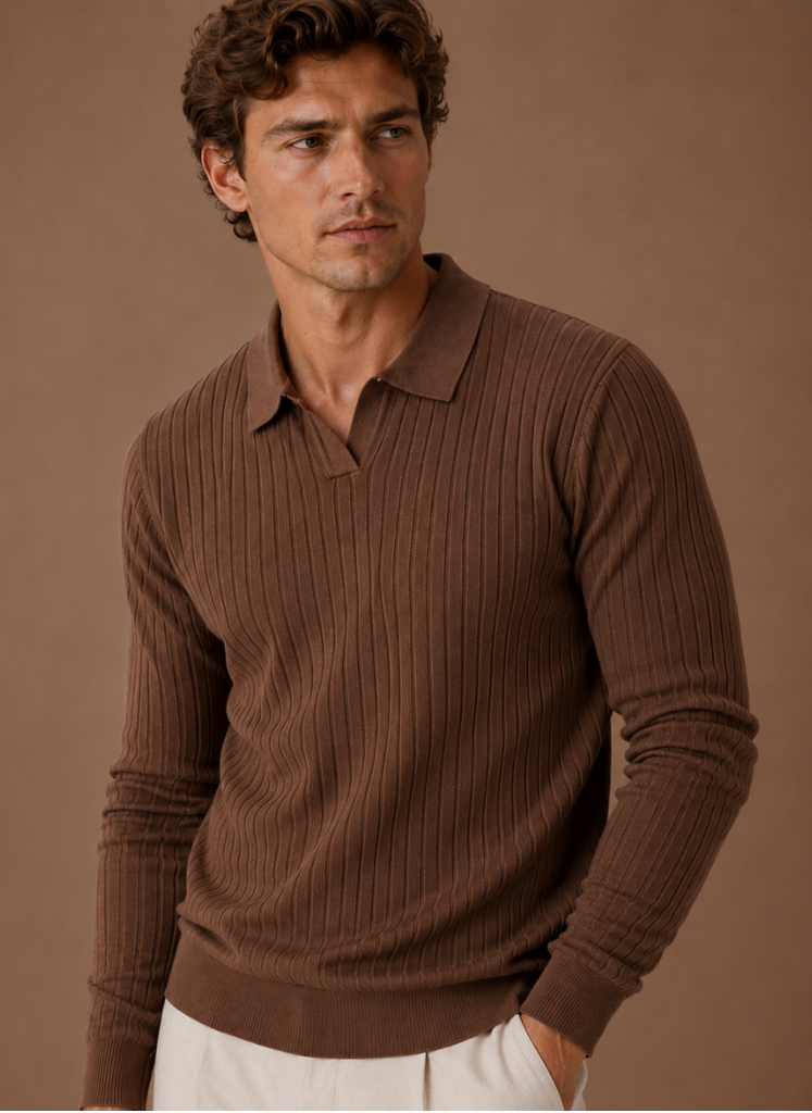 Men's ribbed knit polo jumper, side view