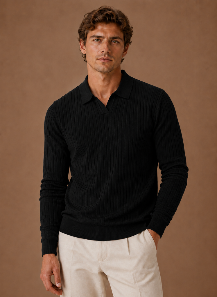 Men's ribbed knit polo jumper, view 9