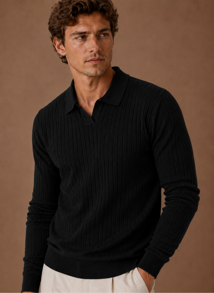 Men's ribbed knit polo jumper, view 8