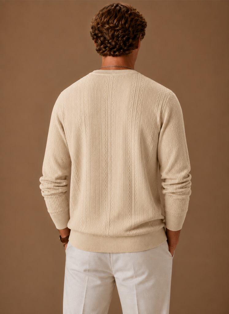 Men's cable knit crew neck jumper, detail