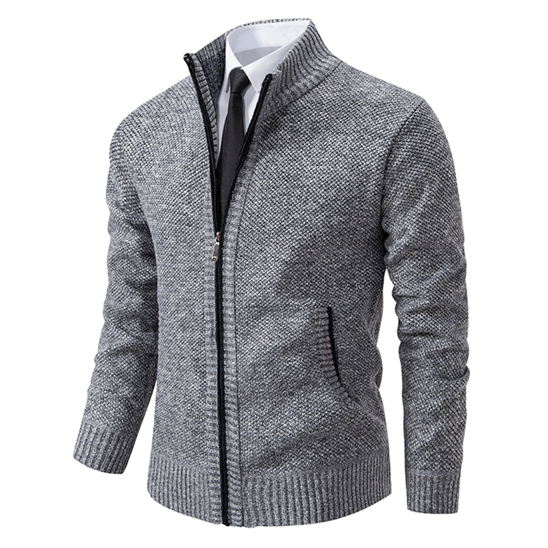Men's full zip knit cardigan, side view