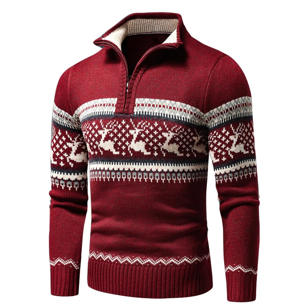 Men's quarter zip Christmas jumper with reindeer fair isle pattern and stand collar