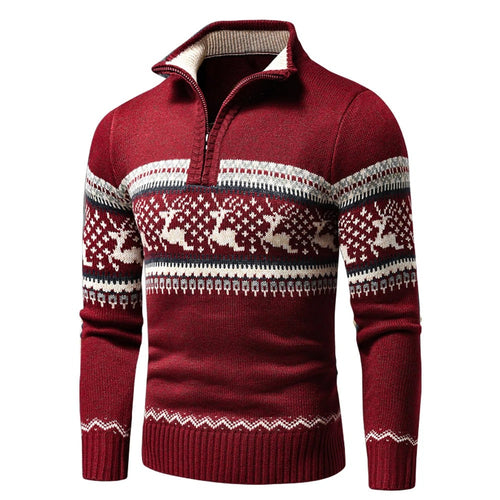 Men's quarter zip Christmas jumper with reindeer fair isle pattern and stand collar