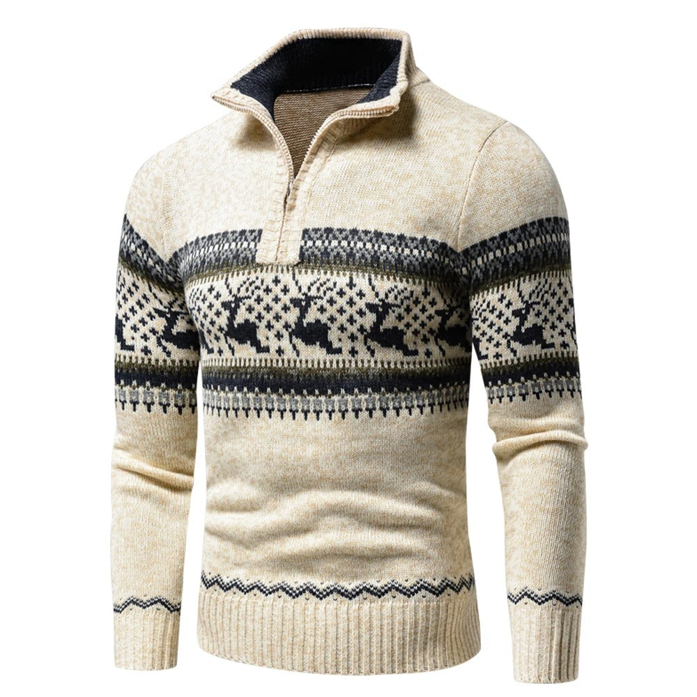 Men's quarter zip Christmas jumper with reindeer fair isle pattern and stand collar - view 2
