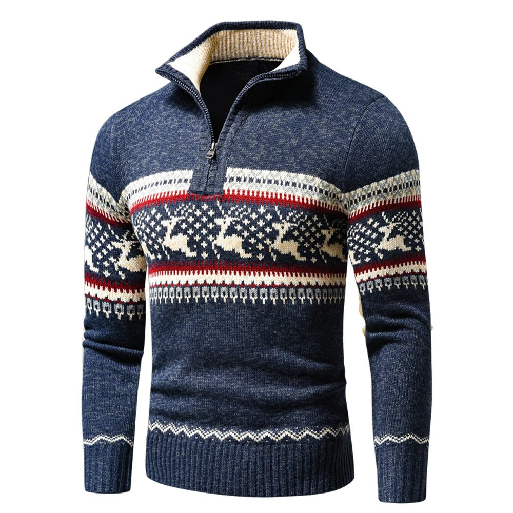 Men's quarter zip Christmas jumper with reindeer fair isle pattern and stand collar - view 3