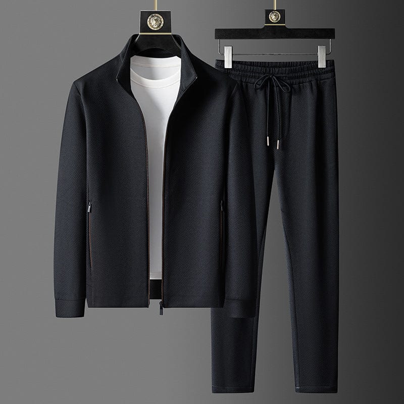 Men's tracksuit co ord set with textured stand collar zip jacket and tapered drawstring trousers