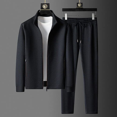 Men's tracksuit co ord set with textured stand collar zip jacket and tapered drawstring trousers
