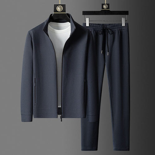 Men's tracksuit co ord set with textured stand collar zip jacket and tapered drawstring trousers - view 2