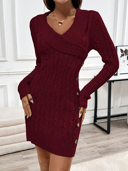Cable knit jumper mini dress with fold-over V-neck collar and side buttons