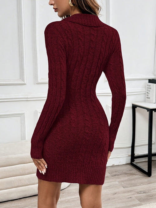 Cable knit jumper mini dress with fold-over V-neck collar and side buttons - view 2