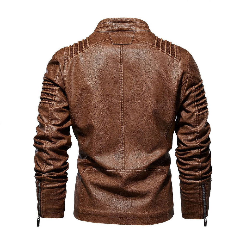 Men's slim fit leather racer jacket, view 5