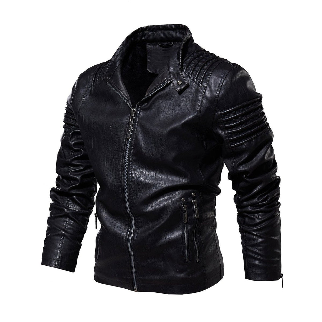 Men's slim fit leather racer jacket, view 6