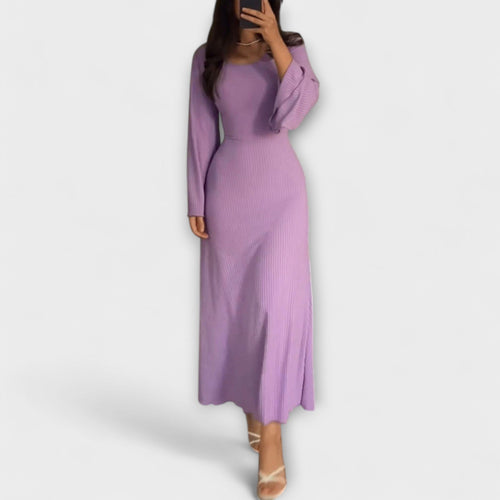 Ribbed knit maxi dress with bell sleeves and scoop neckline