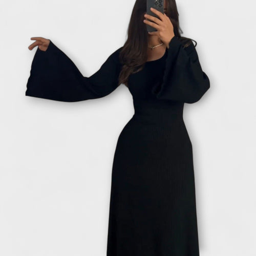 Ribbed knit maxi dress with bell sleeves and scoop neckline - view 2