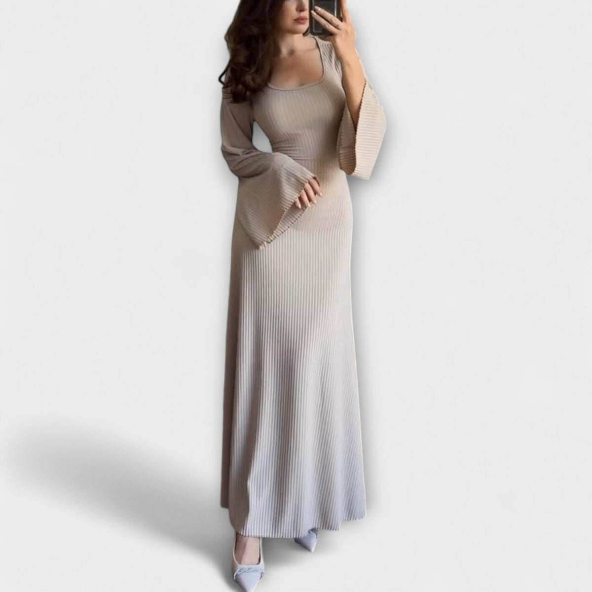 Ribbed knit maxi dress with bell sleeves and scoop neckline - view 5