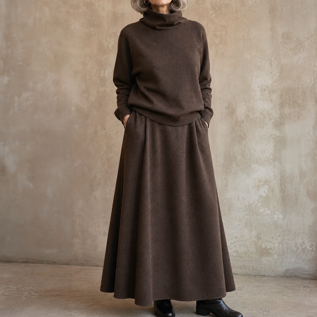 Two-piece brown turtleneck sweater and flared maxi skirt set