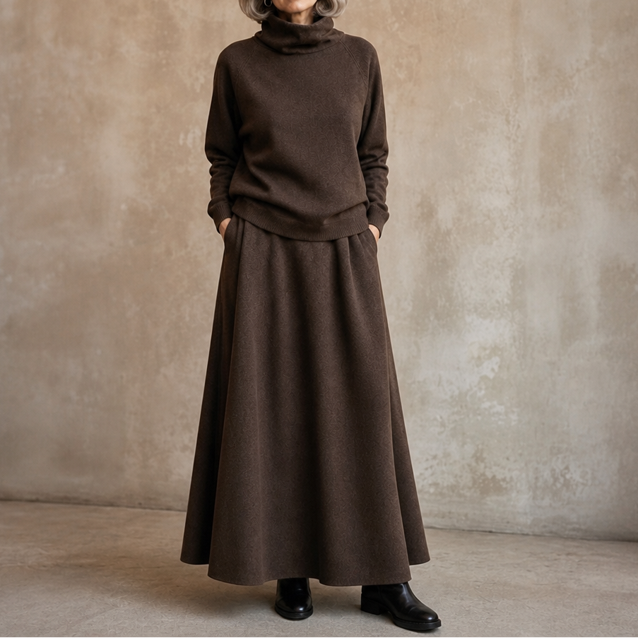 Two-piece brown turtleneck sweater and flared maxi skirt set - view 15