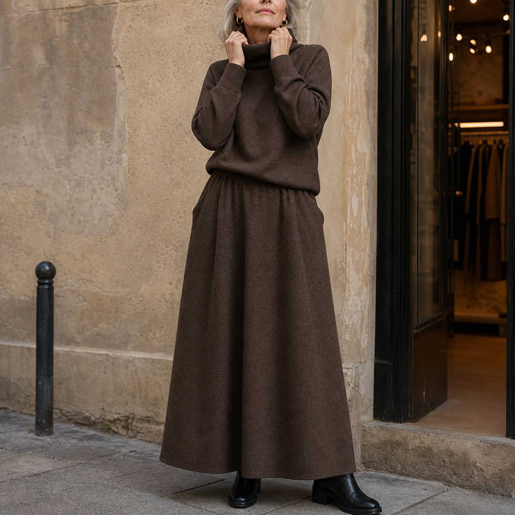 Two-piece brown turtleneck sweater and flared maxi skirt set - view 2