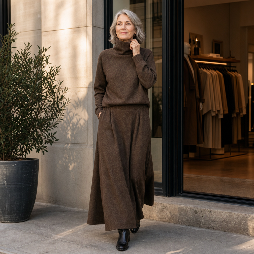 Two-piece brown turtleneck sweater and flared maxi skirt set - view 3