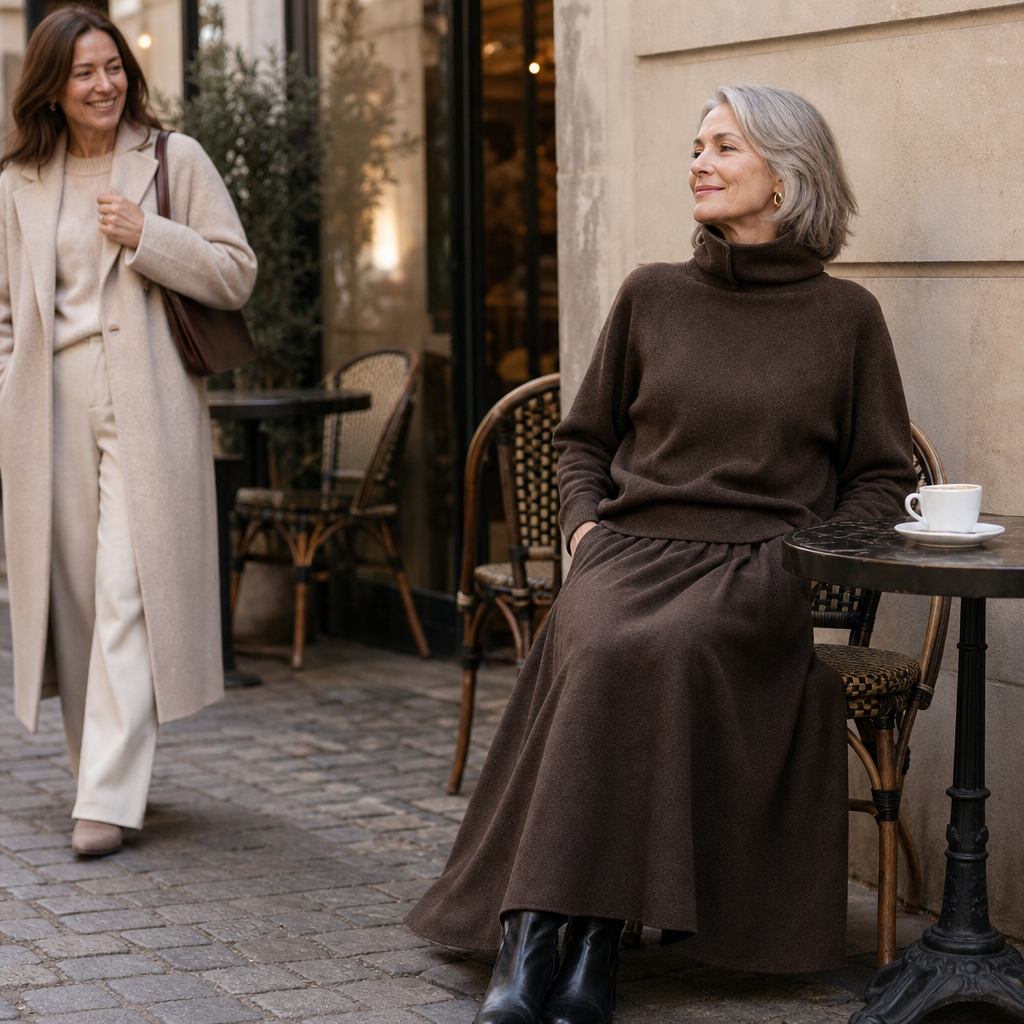 Two-piece brown turtleneck sweater and flared maxi skirt set - view 4