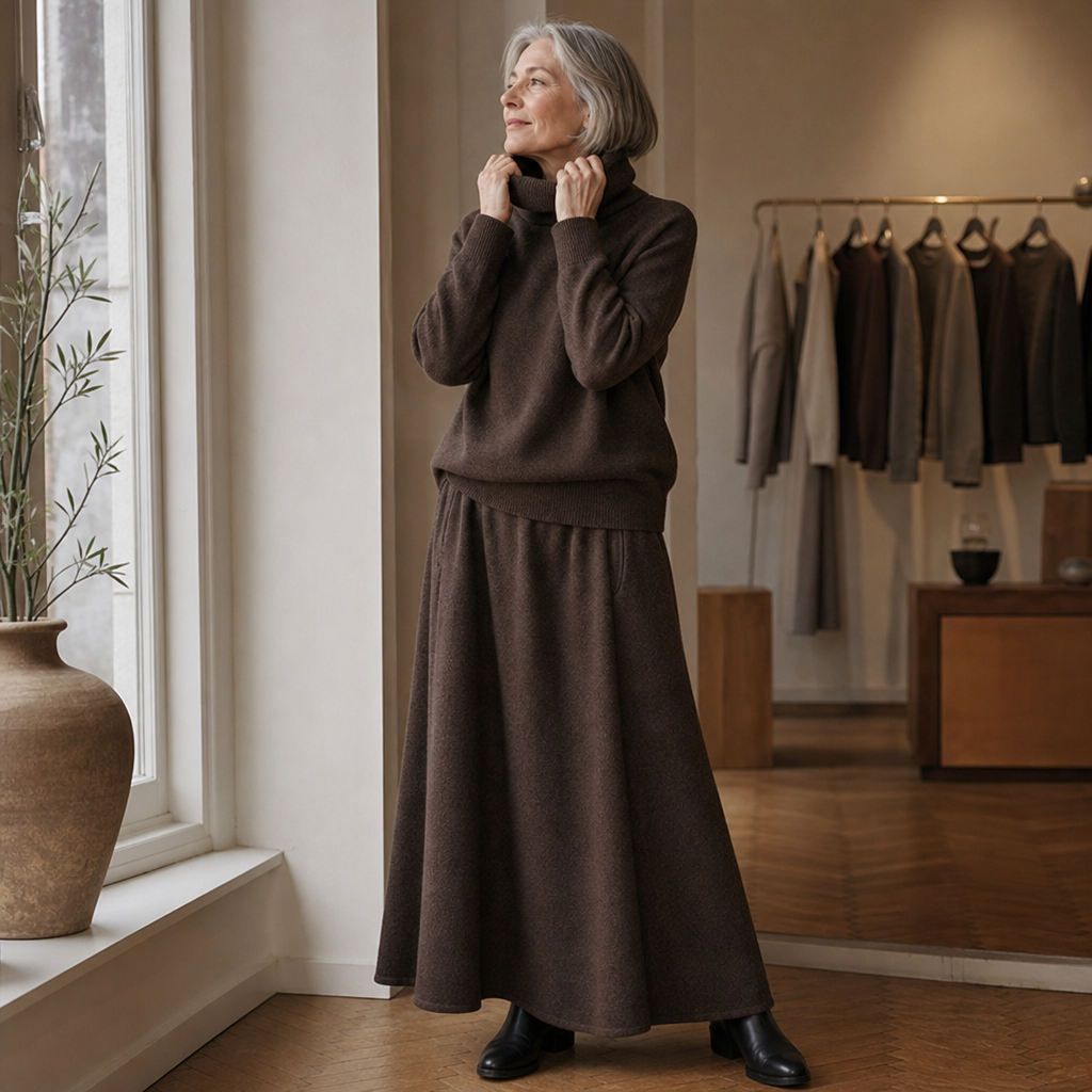 Two-piece brown turtleneck sweater and flared maxi skirt set - view 5