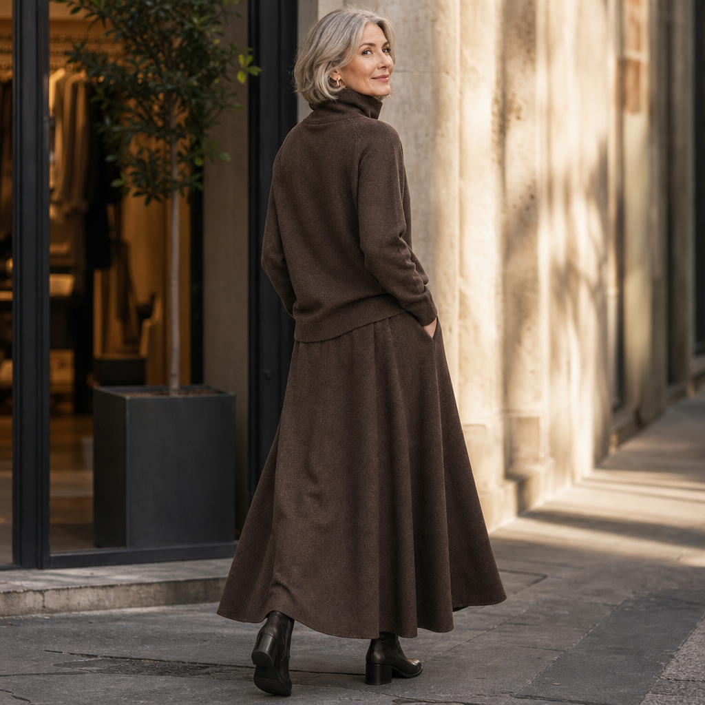 Two-piece brown turtleneck sweater and flared maxi skirt set - view 6