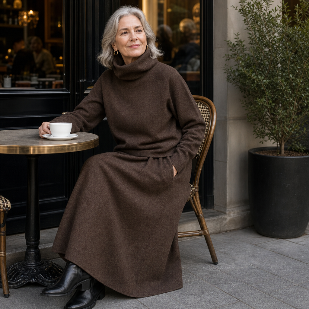 Two-piece brown turtleneck sweater and flared maxi skirt set - view 7