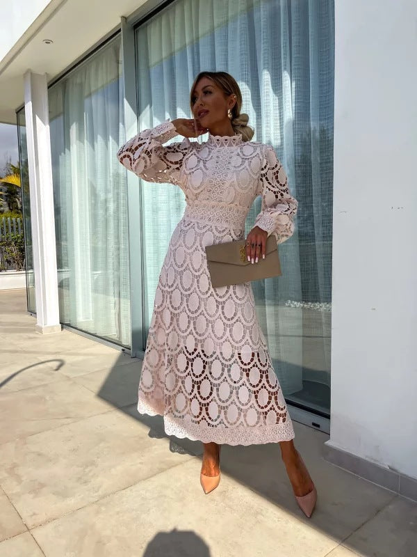 Lace long sleeve midi dress with high neck, balloon sleeves and scalloped hem