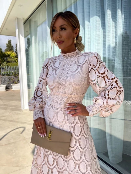 Lace long sleeve midi dress with high neck, balloon sleeves and scalloped hem - view 2