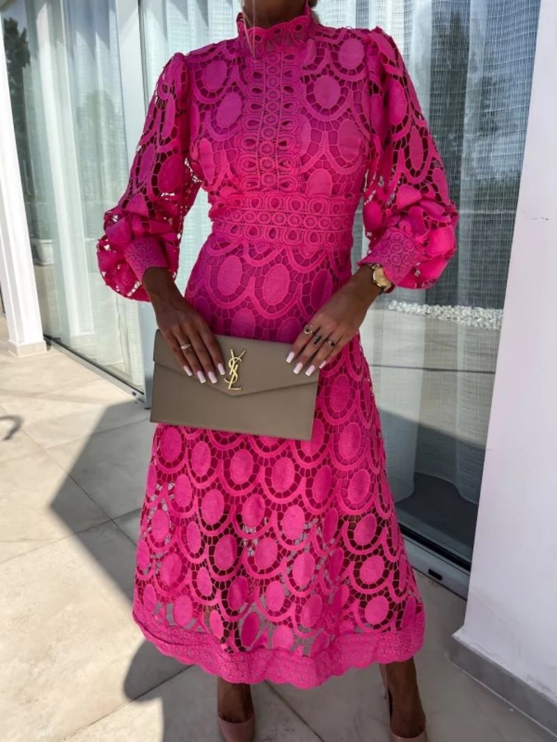 Lace long sleeve midi dress with high neck, balloon sleeves and scalloped hem - view 4