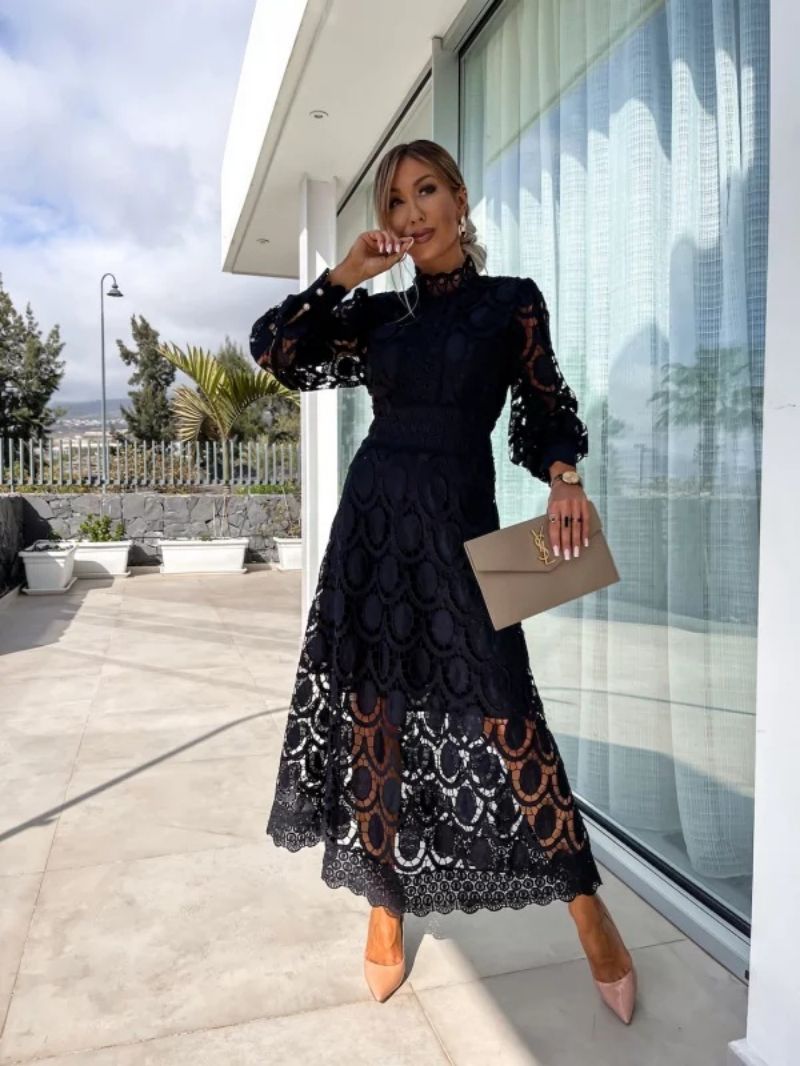 Lace long sleeve midi dress with high neck, balloon sleeves and scalloped hem - view 5