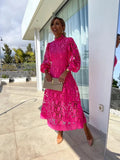 Lace long sleeve midi dress with high neck, balloon sleeves and scalloped hem - view 7