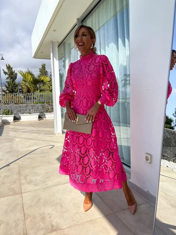 Lace long sleeve midi dress with high neck, balloon sleeves and scalloped hem - view 7
