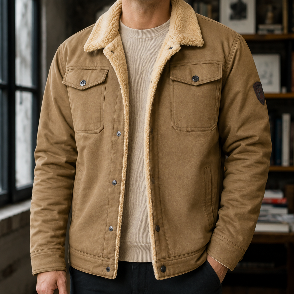 Men's sherpa collar winter jacket with press-stud front and chest flap pockets