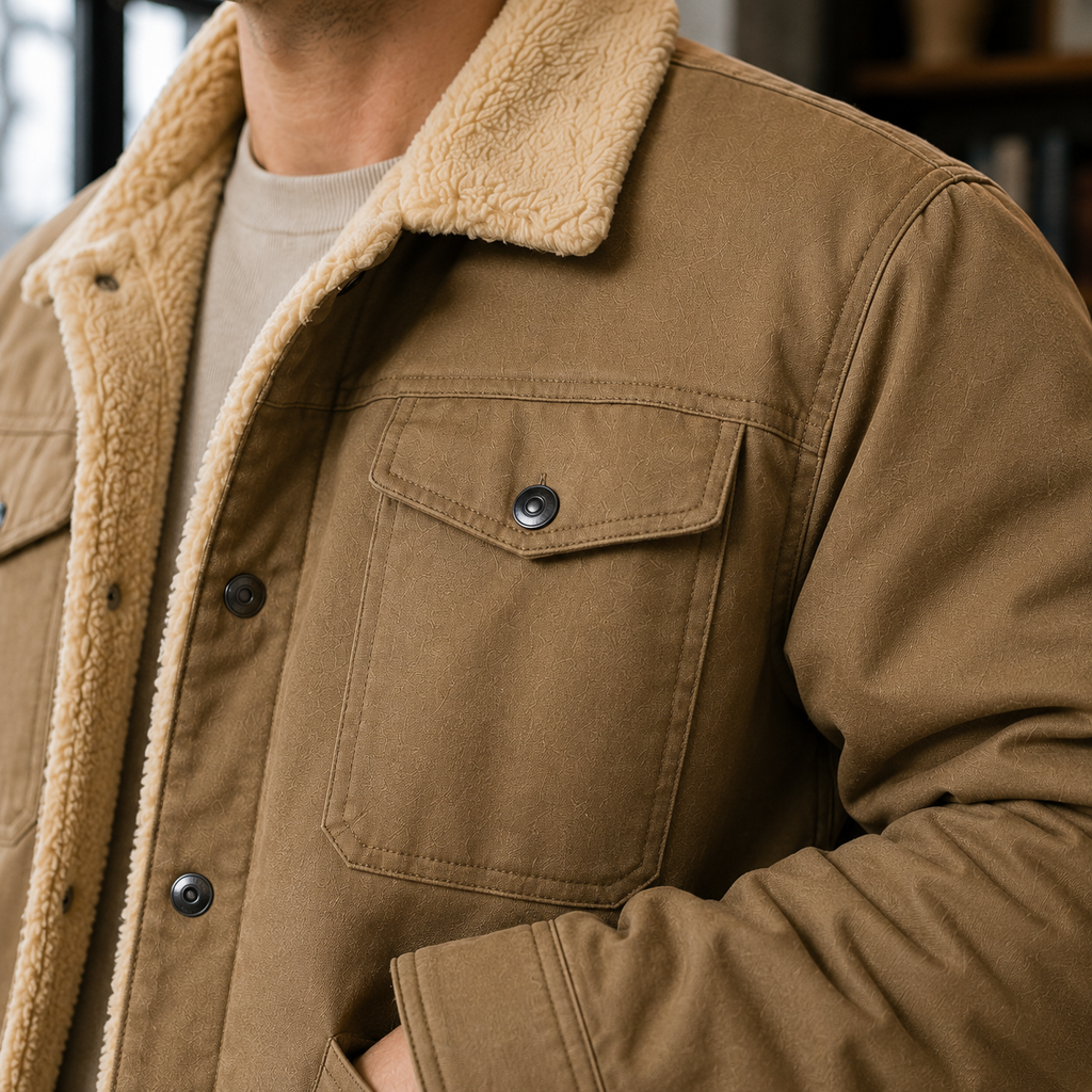 Men's sherpa collar winter jacket with press-stud front and chest flap pockets - view 2