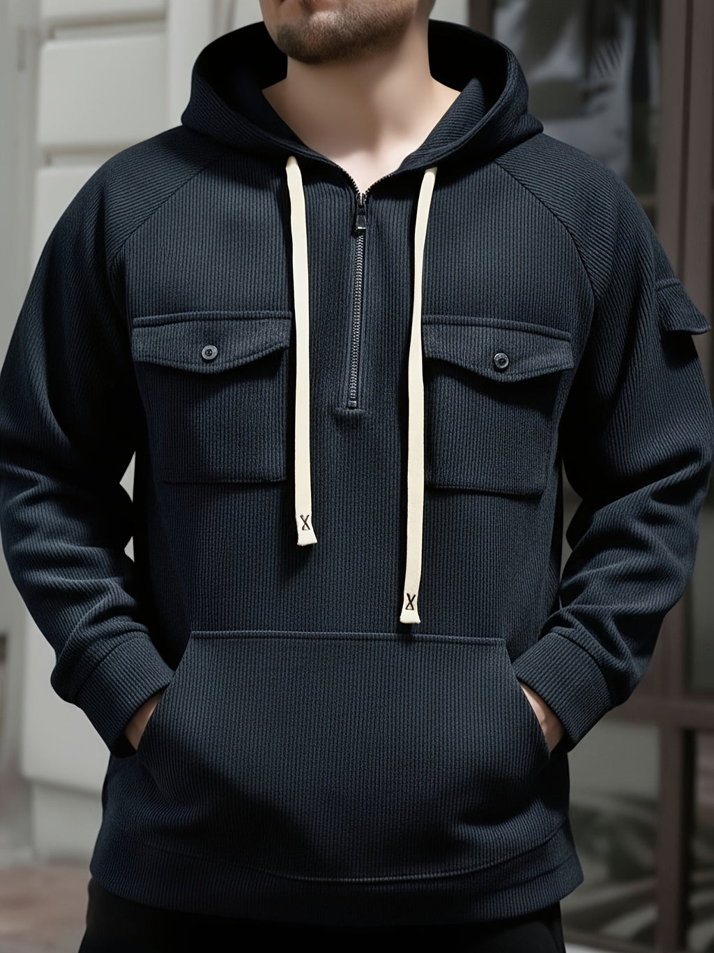 Men's ribbed quarter zip hoodie with buttoned chest flap pockets and drawstring hood
