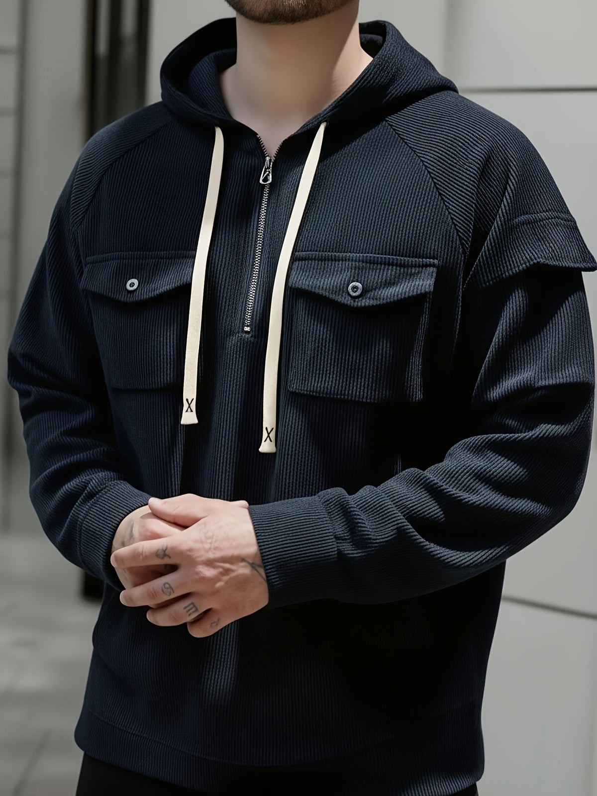 Men's ribbed quarter zip hoodie with buttoned chest flap pockets and drawstring hood - view 10