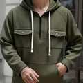 Men's ribbed quarter zip hoodie with buttoned chest flap pockets and drawstring hood - view 11