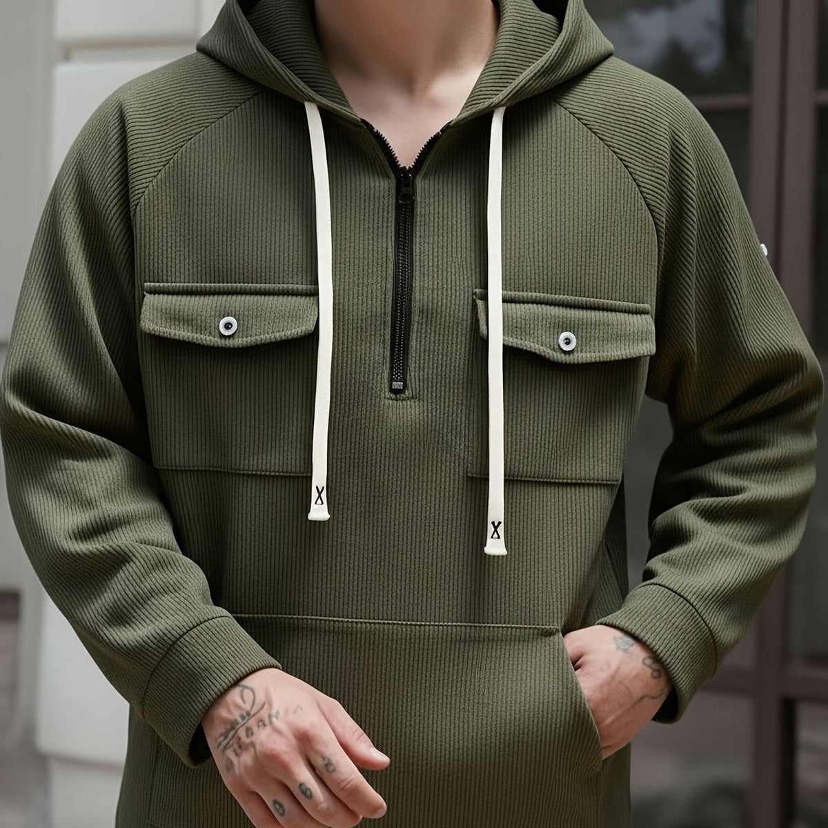 Men's ribbed quarter zip hoodie with buttoned chest flap pockets and drawstring hood - view 11