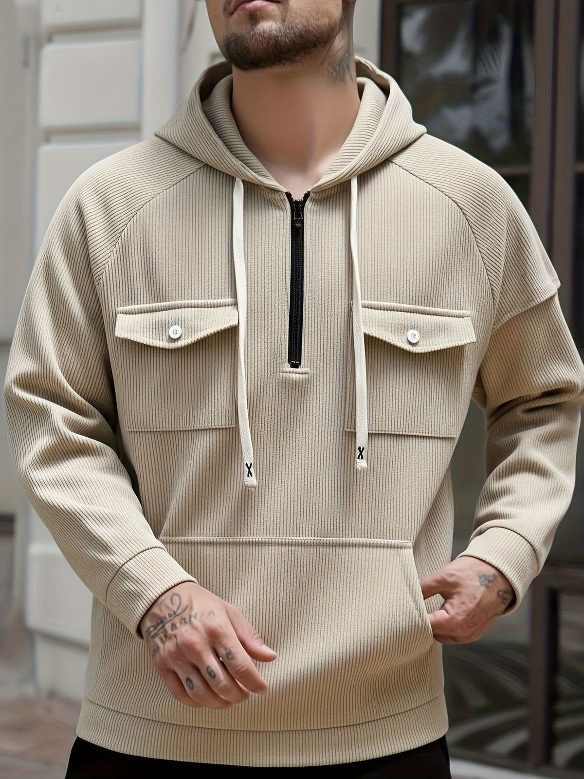 Men's ribbed quarter zip hoodie with buttoned chest flap pockets and drawstring hood - view 2