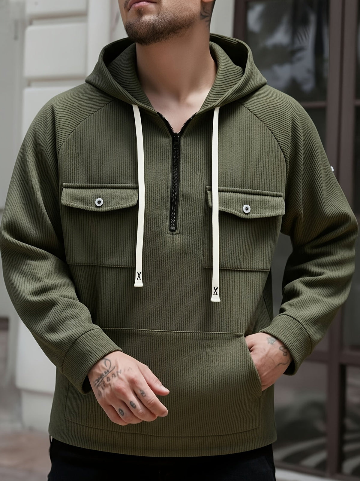Men's ribbed quarter zip hoodie with buttoned chest flap pockets and drawstring hood - view 3
