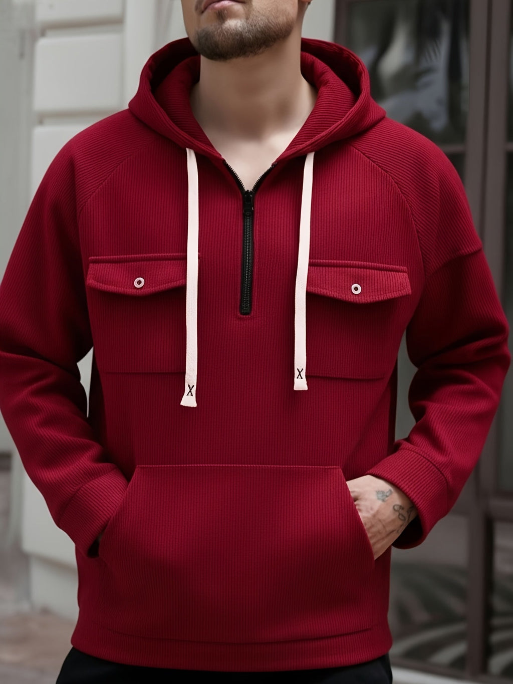 Men's ribbed quarter zip hoodie with buttoned chest flap pockets and drawstring hood - view 4