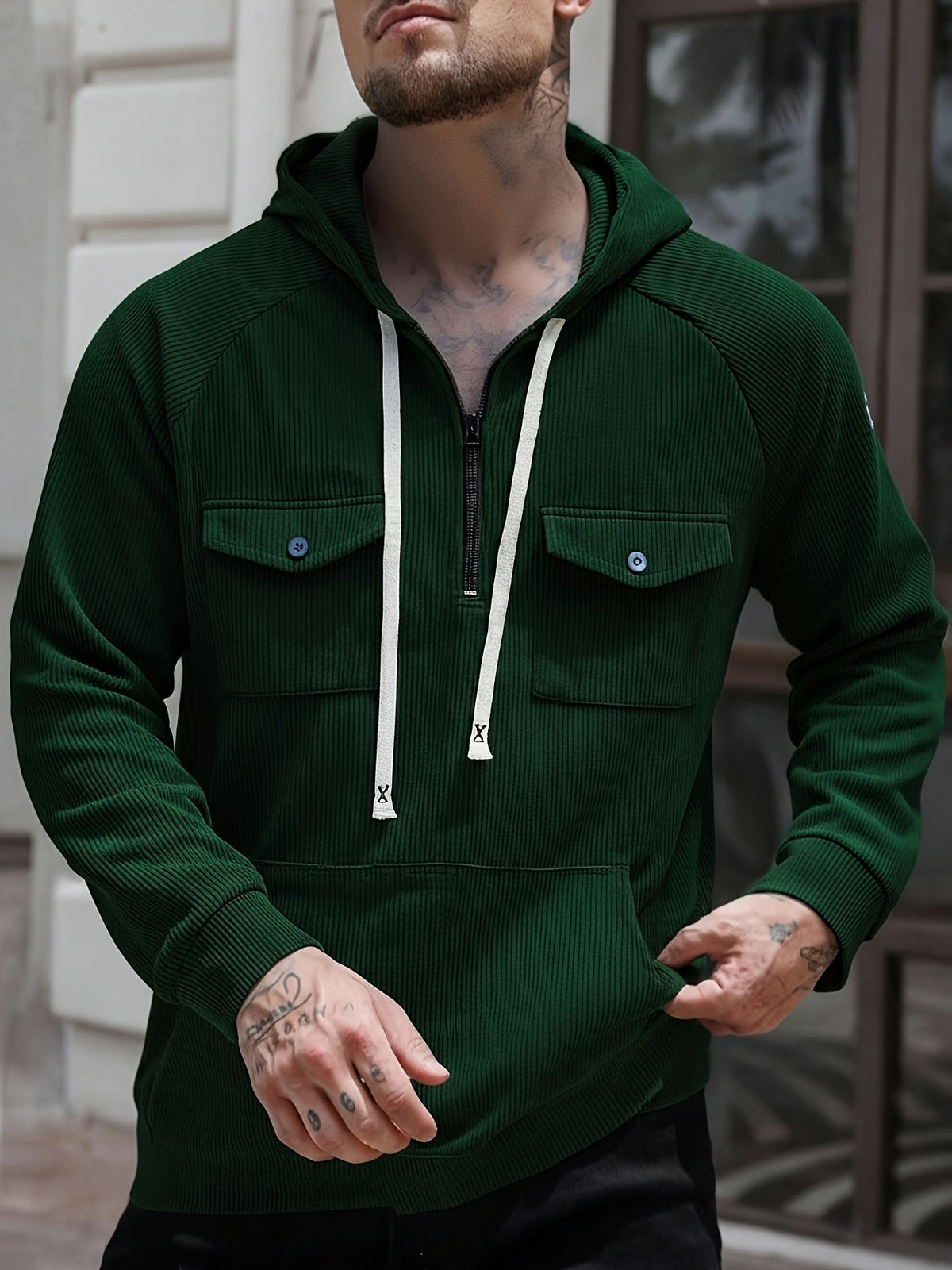 Men's ribbed quarter zip hoodie with buttoned chest flap pockets and drawstring hood - view 5