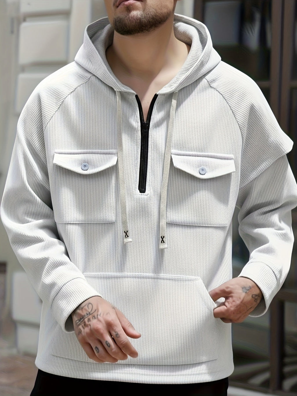 Men's ribbed quarter zip hoodie with buttoned chest flap pockets and drawstring hood - view 6