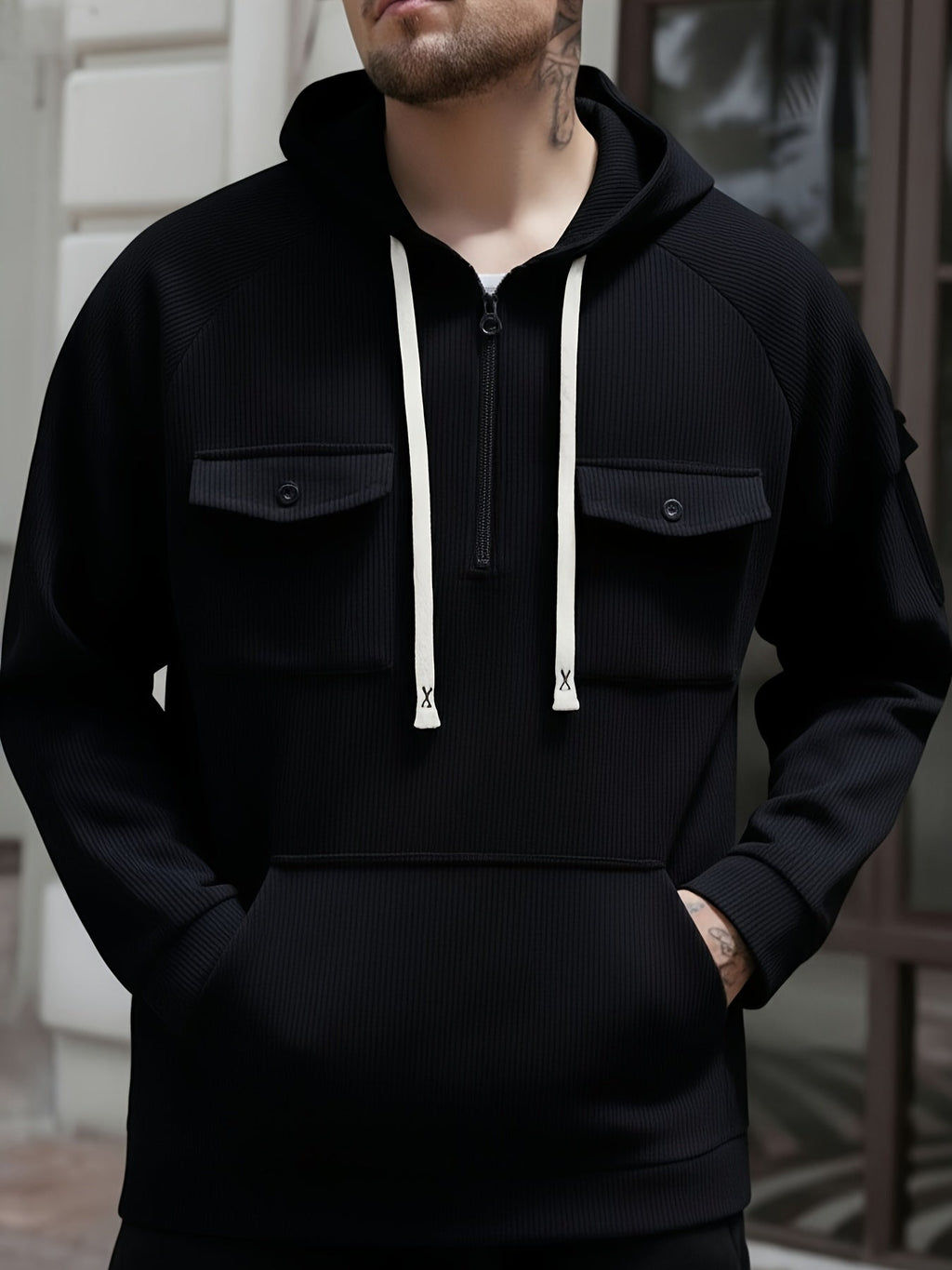 Men's ribbed quarter zip hoodie with buttoned chest flap pockets and drawstring hood - view 7