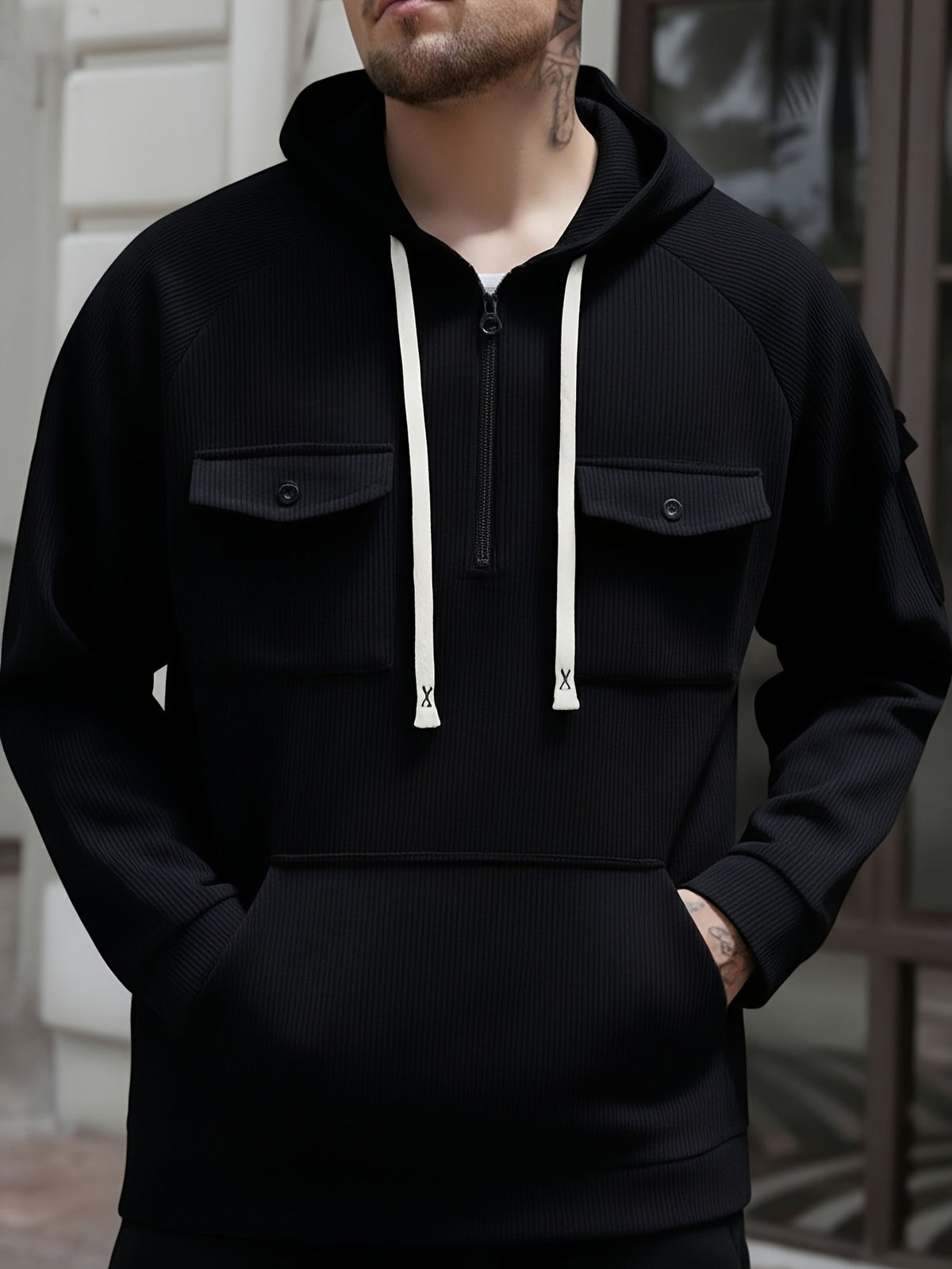 Men's ribbed quarter zip hoodie with buttoned chest flap pockets and drawstring hood - view 7