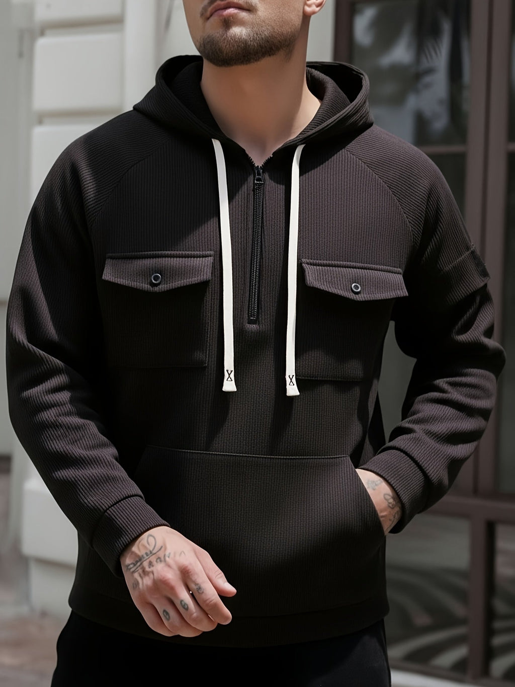 Men's ribbed quarter zip hoodie with buttoned chest flap pockets and drawstring hood - view 8